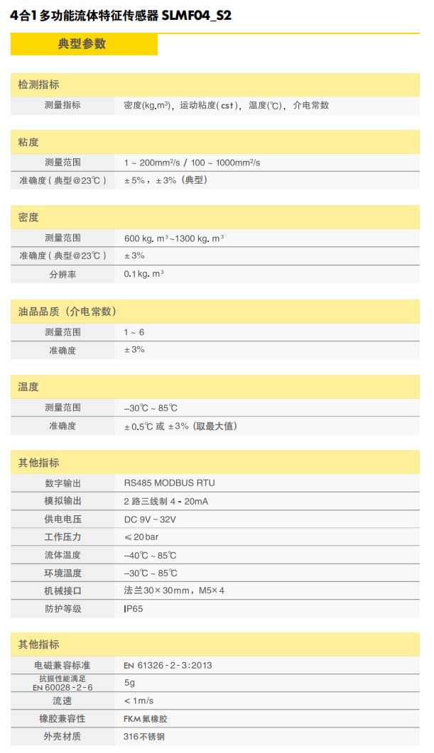 4合1多功能流體特征傳感器典型參數